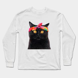 Black cat with bandana Long Sleeve T-Shirt